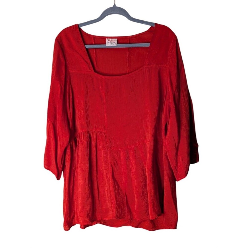 Click by Color Me Cotton Red Tunic Top Lagenlook Square Neck Crinkle sz XL flowy